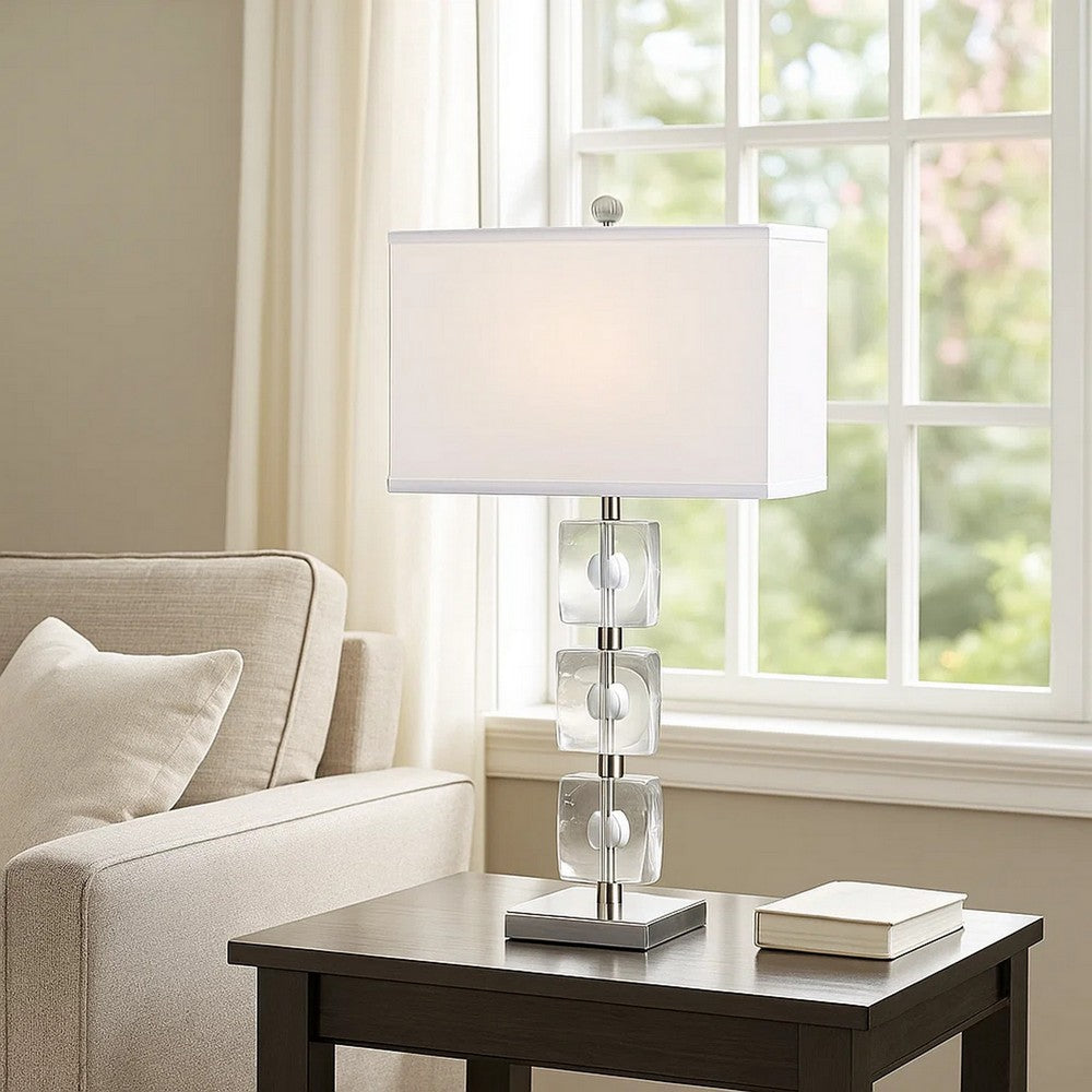 Benjara 28 Inch Table Lamp, Crystal Stand, White Rectangular Shade, Metal, Clear