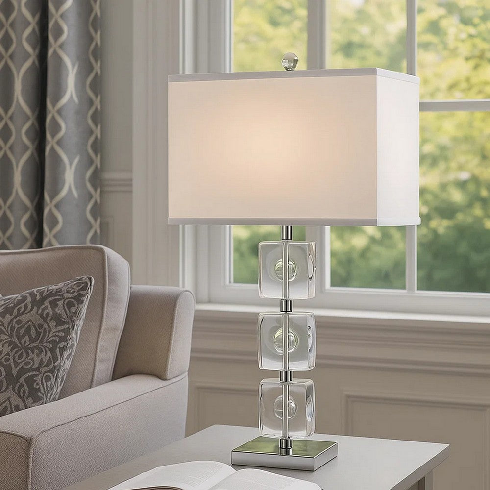 Benjara 28 Inch Table Lamp, Crystal Stand, White Rectangular Shade, Metal, Clear