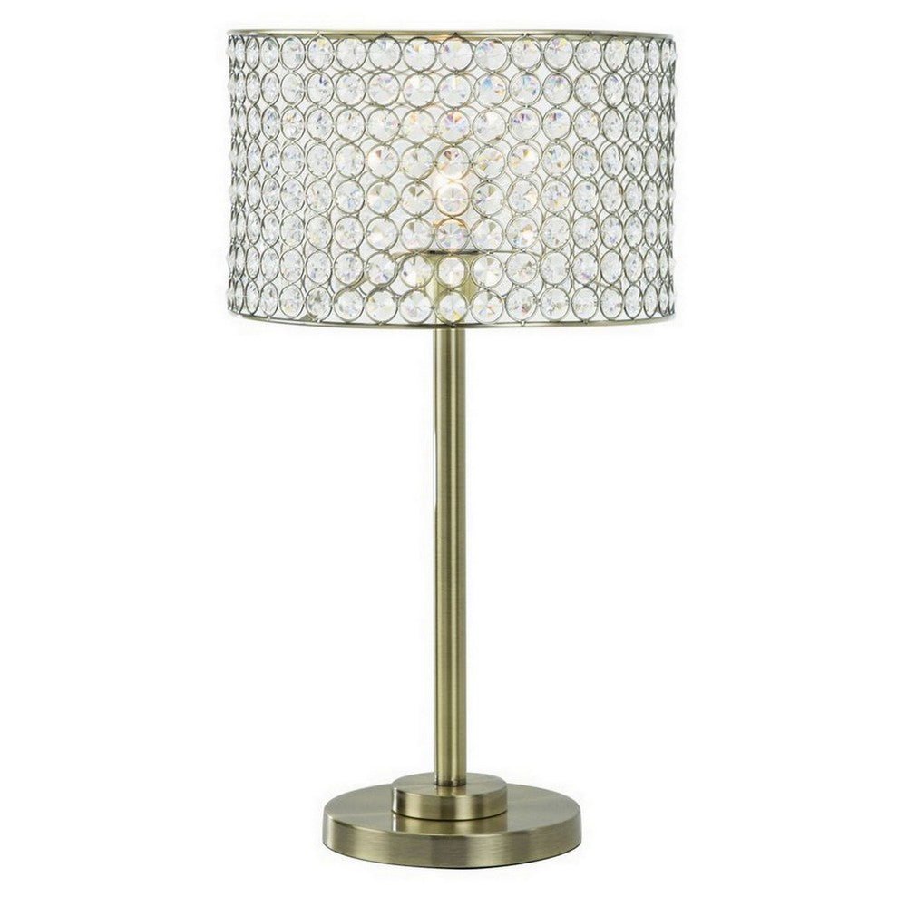 Benjara 25 Inch Table Lamp with Round Crystal Drum Shade, Metal, Antique Brass