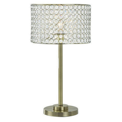 Benjara 25 Inch Table Lamp with Round Crystal Drum Shade, Metal, Antique Brass