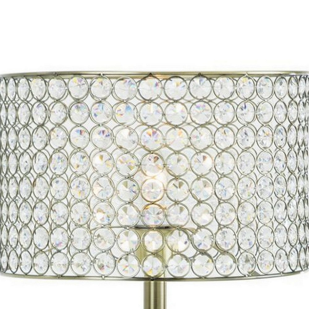 Benjara 25 Inch Table Lamp with Round Crystal Drum Shade, Metal, Antique Brass