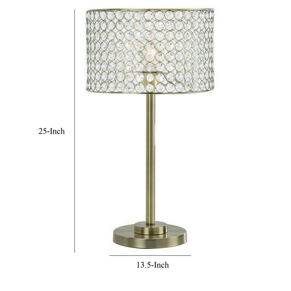 Benjara 25 Inch Table Lamp with Round Crystal Drum Shade, Metal, Antique Brass