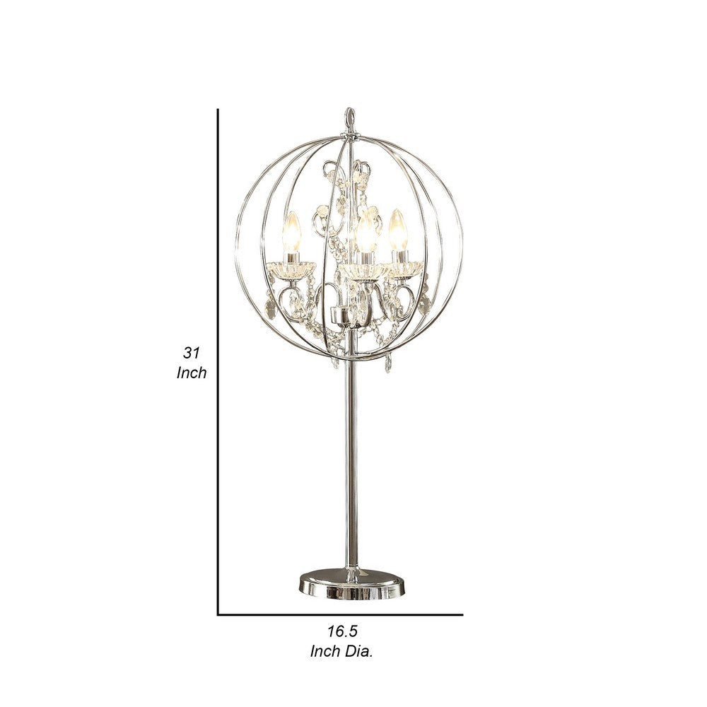 Benjara Shine 31 Inch Table Lamp, Chandelier Style, Crystal And Metal, Chrome