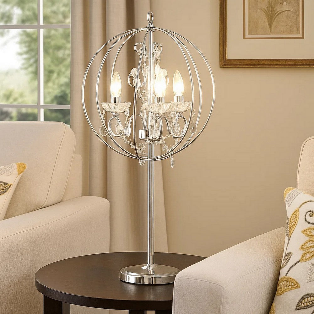 Benjara Shine 31 Inch Table Lamp, Chandelier Style, Crystal And Metal, Chrome