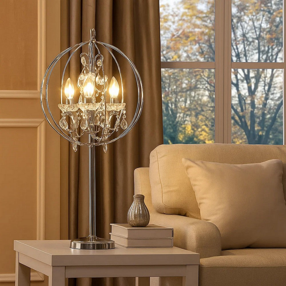 Benjara Shine 31 Inch Table Lamp, Chandelier Style, Crystal And Metal, Chrome