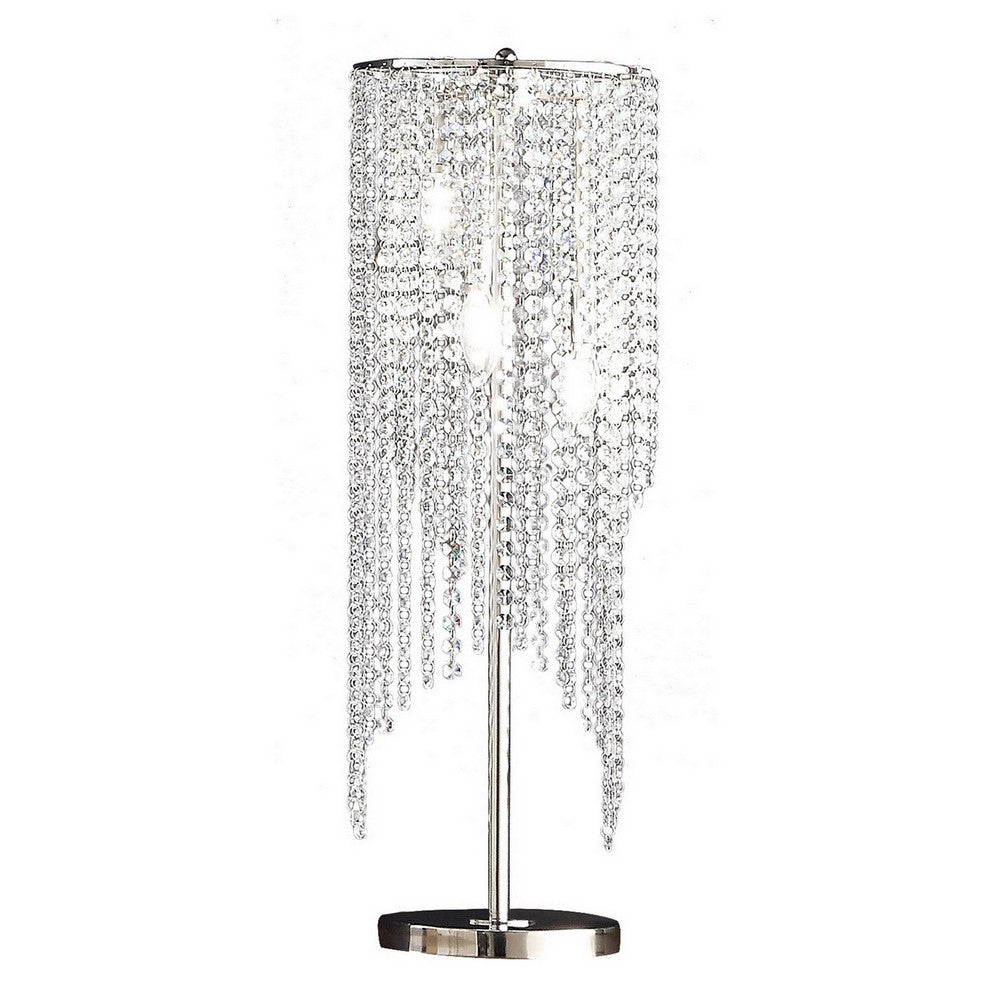 Benjara Mindy 30 Inch Table Lamp, Crystal Raindrops Design, Metal, Clear Finish