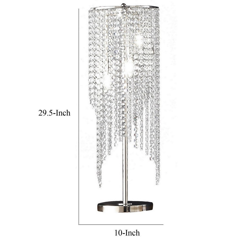 Benjara Mindy 30 Inch Table Lamp, Crystal Raindrops Design, Metal, Clear Finish