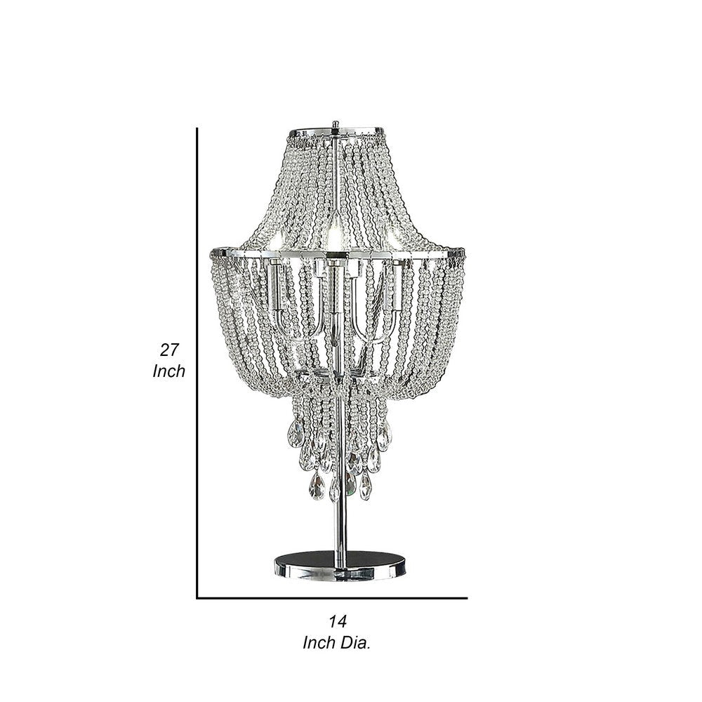 Benjara Cara 27 Inch Table Lamp, Hanging Drop Design, Crystal And Metal, Chrome