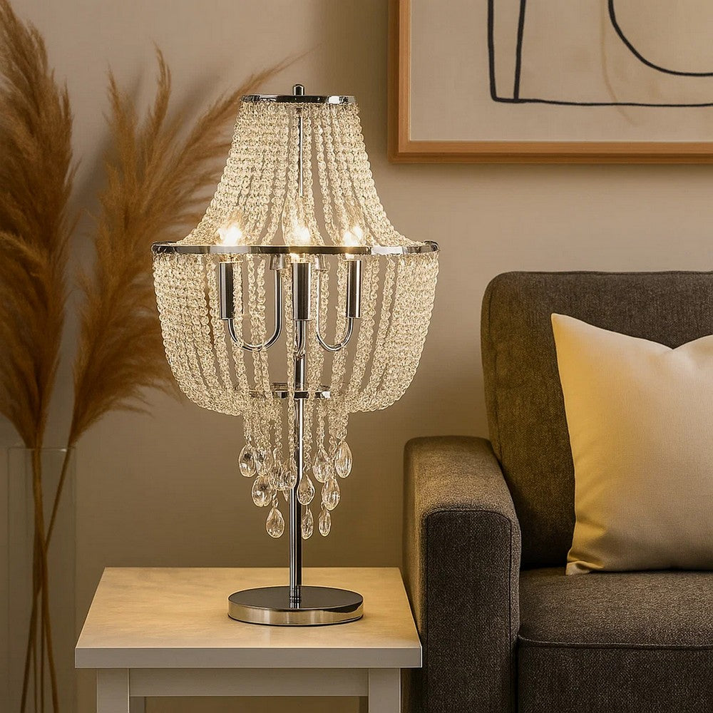 Benjara Cara 27 Inch Table Lamp, Hanging Drop Design, Crystal And Metal, Chrome
