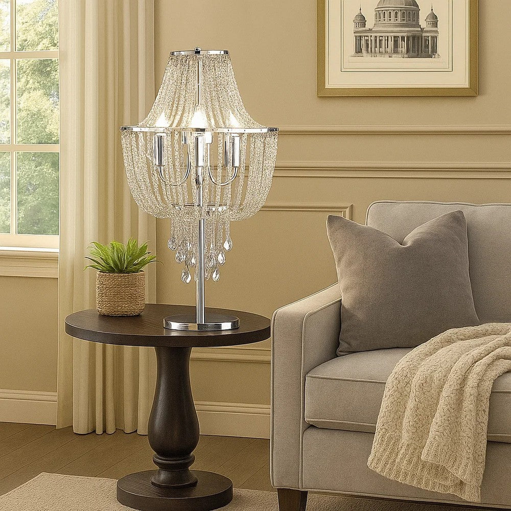 Benjara Cara 27 Inch Table Lamp, Hanging Drop Design, Crystal And Metal, Chrome