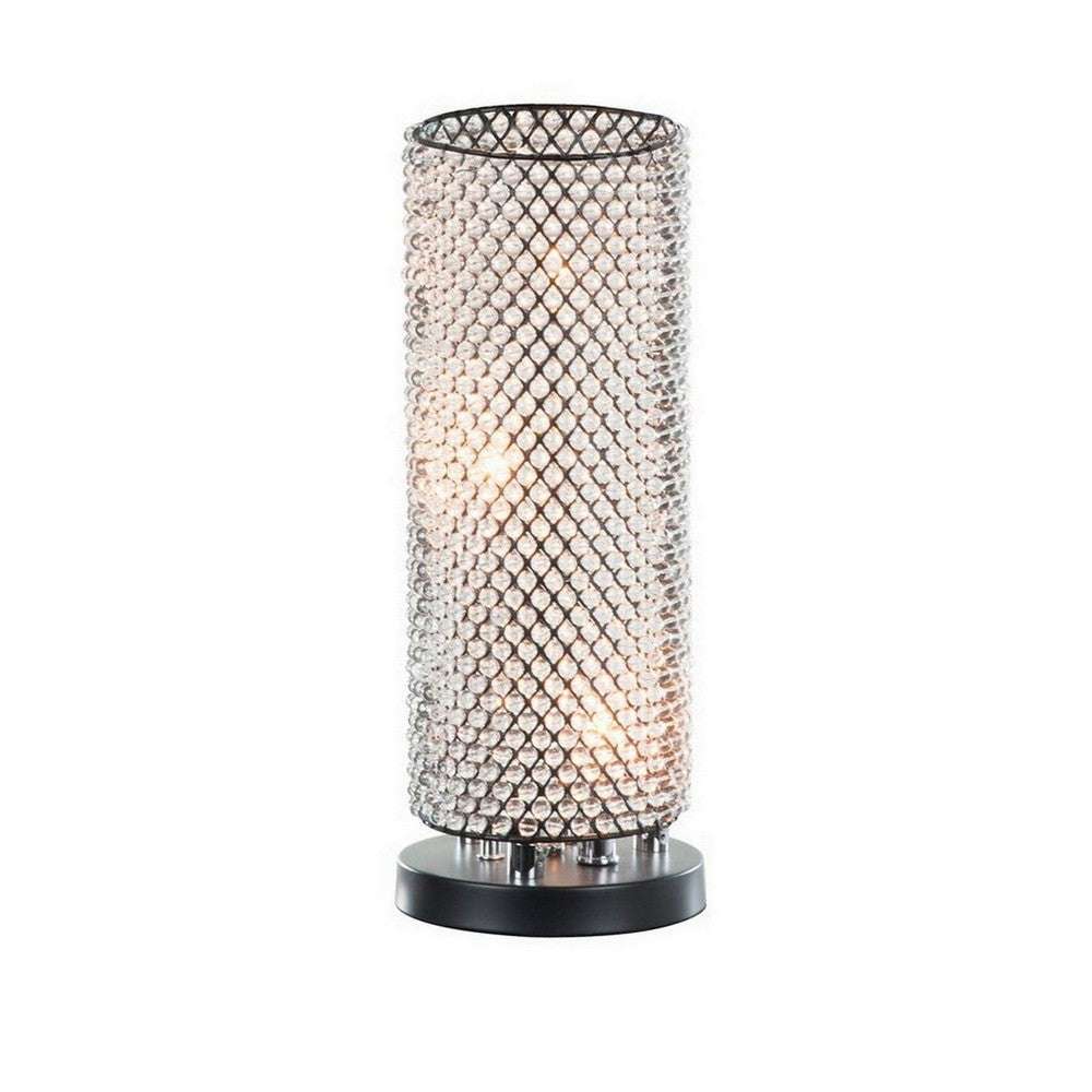 Benjara 16 Inch Table Lamp, Crystal Cylinder Shade, Metal Mesh, Antique Bronze