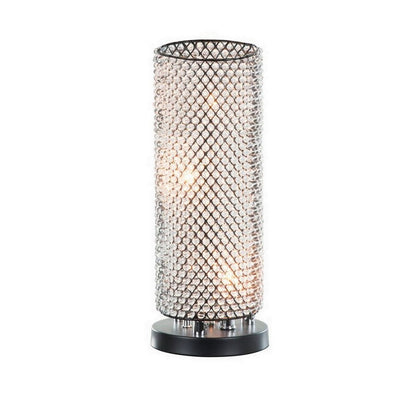 Benjara 16 Inch Table Lamp, Crystal Cylinder Shade, Metal Mesh, Antique Bronze
