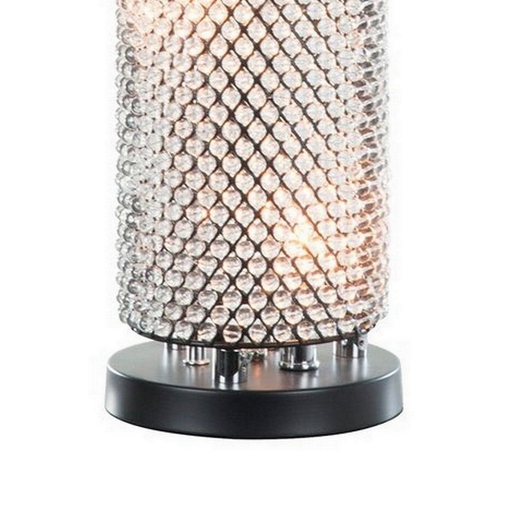Benjara 16 Inch Table Lamp, Crystal Cylinder Shade, Metal Mesh, Antique Bronze