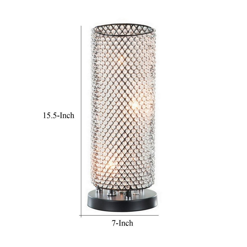 Benjara 16 Inch Table Lamp, Crystal Cylinder Shade, Metal Mesh, Antique Bronze