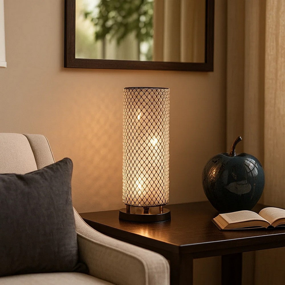 Benjara 16 Inch Table Lamp, Crystal Cylinder Shade, Metal Mesh, Antique Bronze
