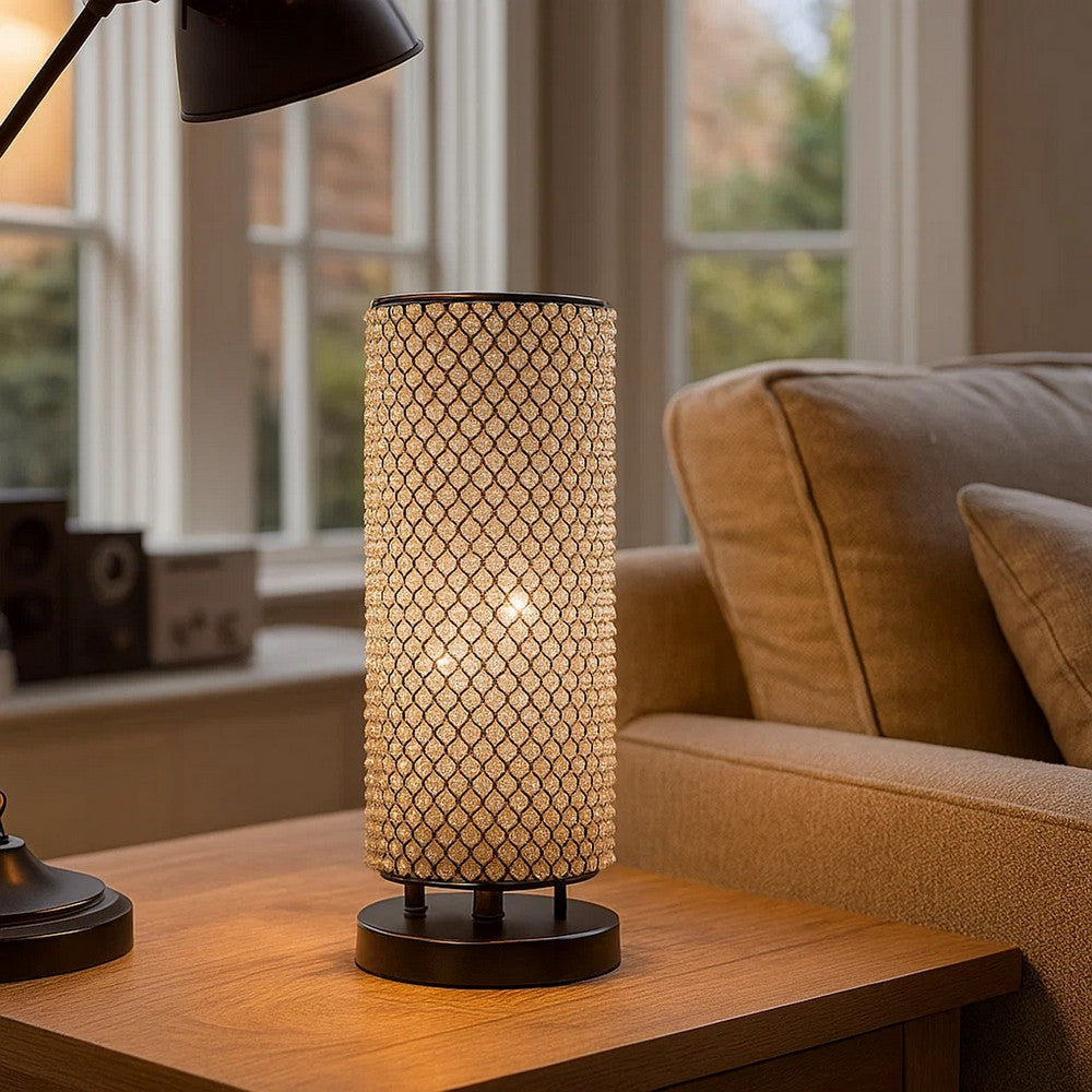 Benjara 16 Inch Table Lamp, Crystal Cylinder Shade, Metal Mesh, Antique Bronze