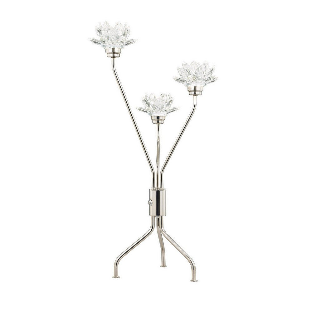 Benjara 28 Inch Table Lamp, 3 Crystal Flower Shade, Stem Base, Metal, Nickel