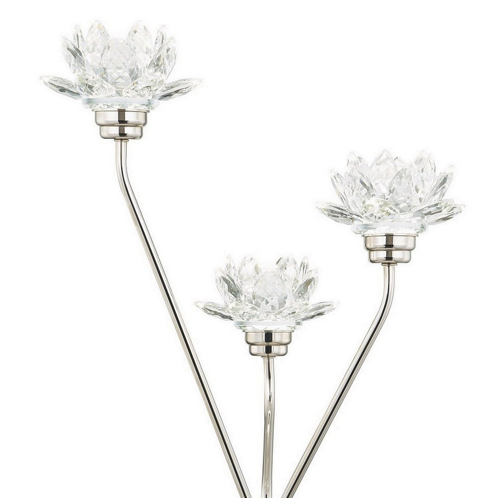 Benjara 28 Inch Table Lamp, 3 Crystal Flower Shade, Stem Base, Metal, Nickel