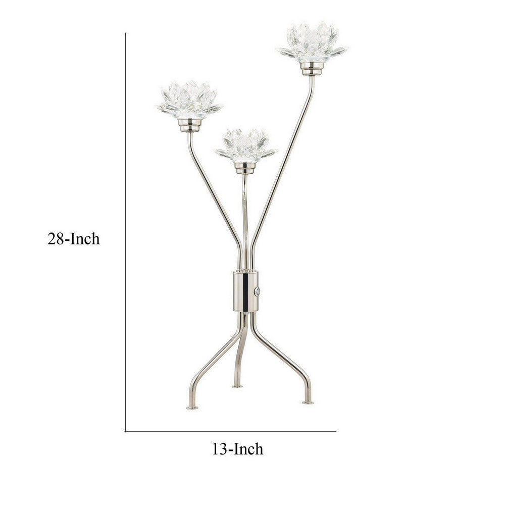 Benjara 28 Inch Table Lamp, 3 Crystal Flower Shade, Stem Base, Metal, Nickel