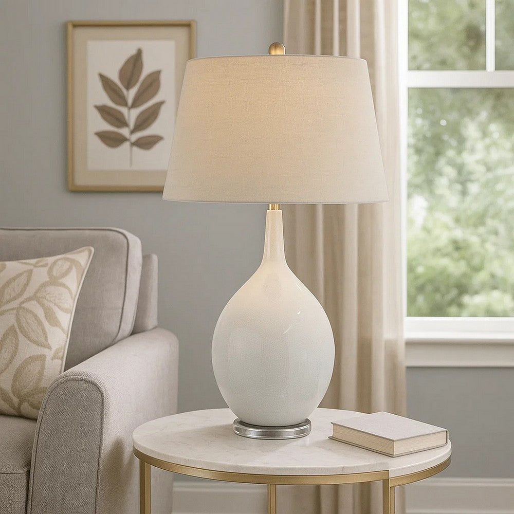 Benjara 32 Inch Table Lamp, Empire Shade, Ceramic Stand, Crackle White Finish
