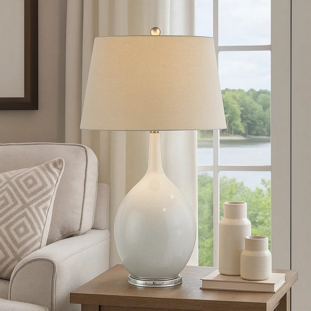 Benjara 32 Inch Table Lamp, Empire Shade, Ceramic Stand, Crackle White Finish