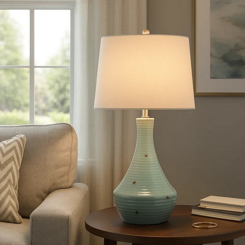 Benjara 28 Inch Table Lamp with Clean Lines, Empire Shade, Ceramic, Teal Blue