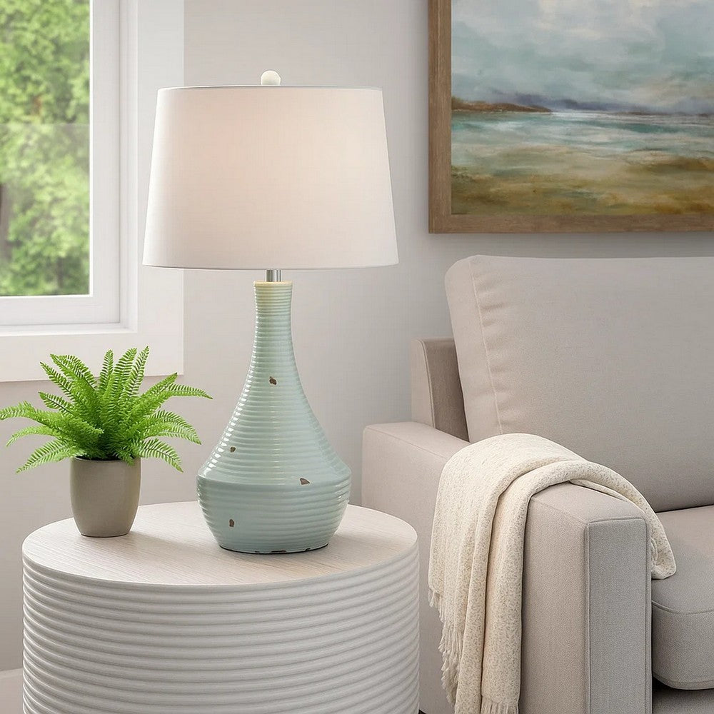 Benjara 28 Inch Table Lamp with Clean Lines, Empire Shade, Ceramic, Teal Blue