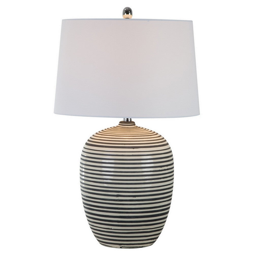 Benjara 28 Inch Table Lamp, Lined Design, Empire Shade, Ceramic, Beige Taupe