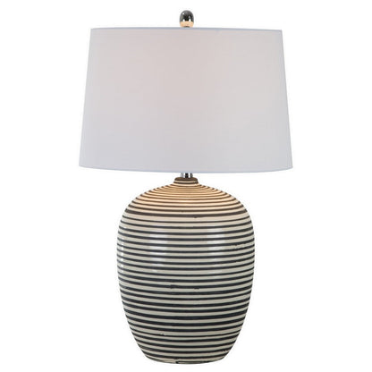 Benjara 28 Inch Table Lamp, Lined Design, Empire Shade, Ceramic, Beige Taupe