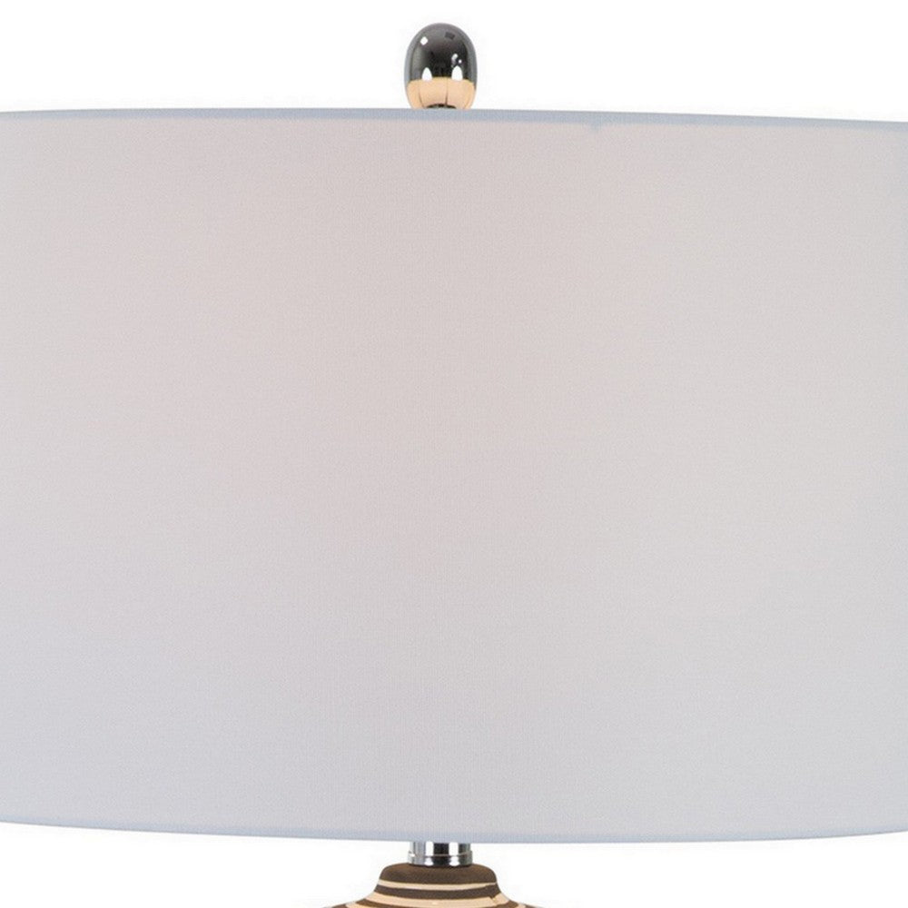 Benjara 28 Inch Table Lamp, Lined Design, Empire Shade, Ceramic, Beige Taupe