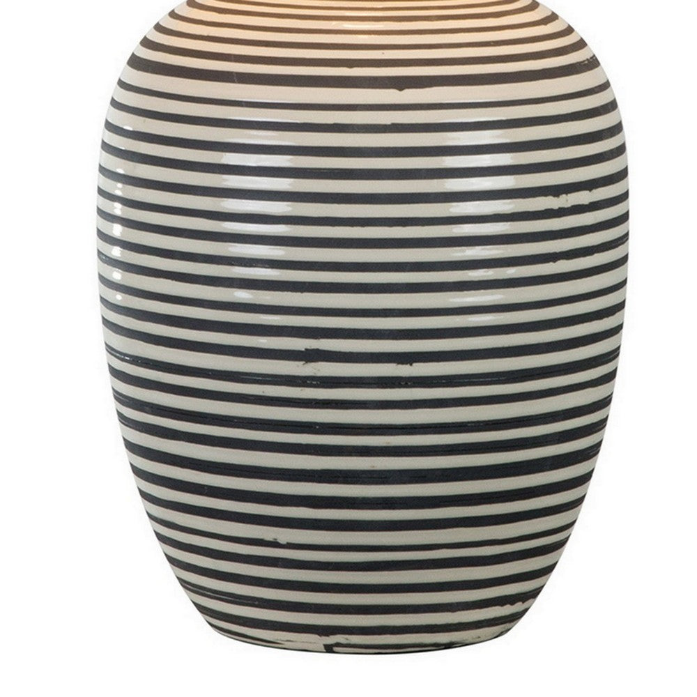 Benjara 28 Inch Table Lamp, Lined Design, Empire Shade, Ceramic, Beige Taupe