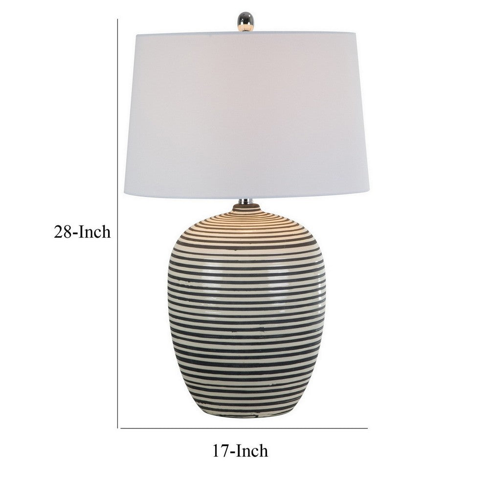 Benjara 28 Inch Table Lamp, Lined Design, Empire Shade, Ceramic, Beige Taupe