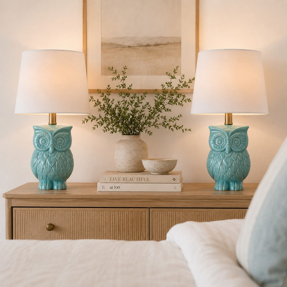 Benjara 18 Inch Table Lamp with Owl Stand, Set of 2, Ceramic, Aqua Haze Finish
