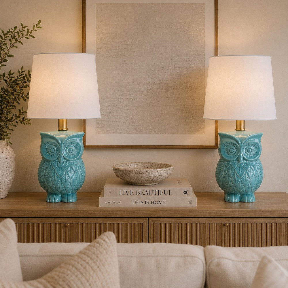Benjara 18 Inch Table Lamp with Owl Stand, Set of 2, Ceramic, Aqua Haze Finish