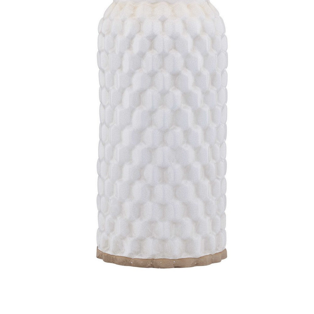 Benjara 28 Inch Table Lamp, Textured Stand, Gold Trim, Ceramic, Crackle Cream