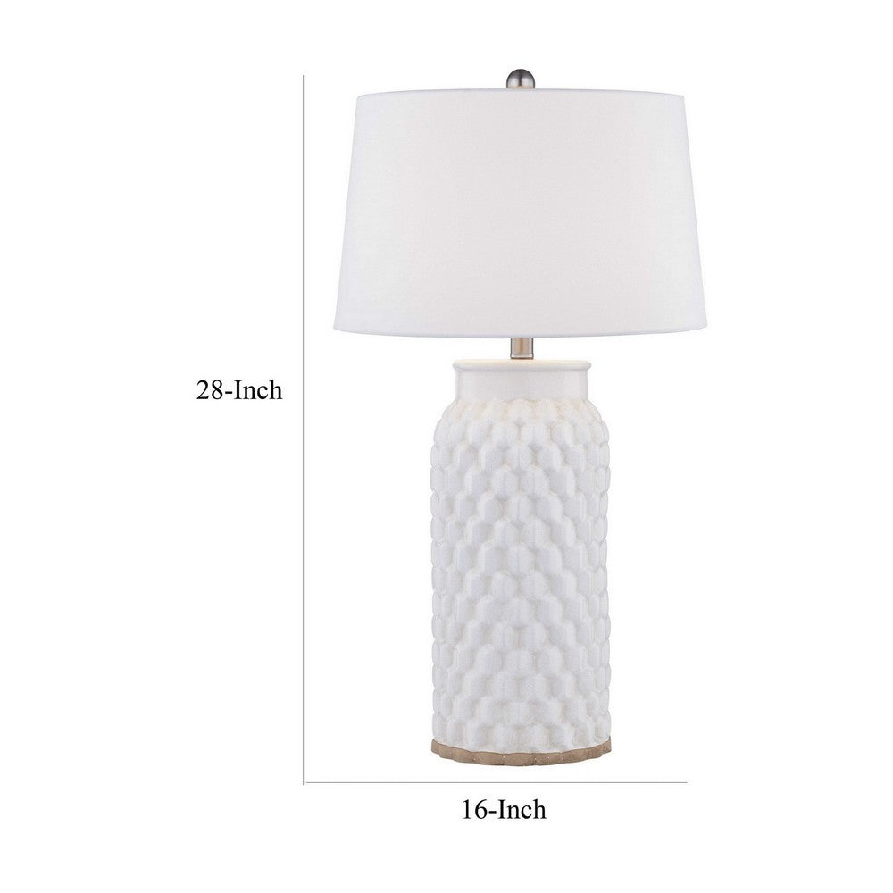 Benjara 28 Inch Table Lamp, Textured Stand, Gold Trim, Ceramic, Crackle Cream
