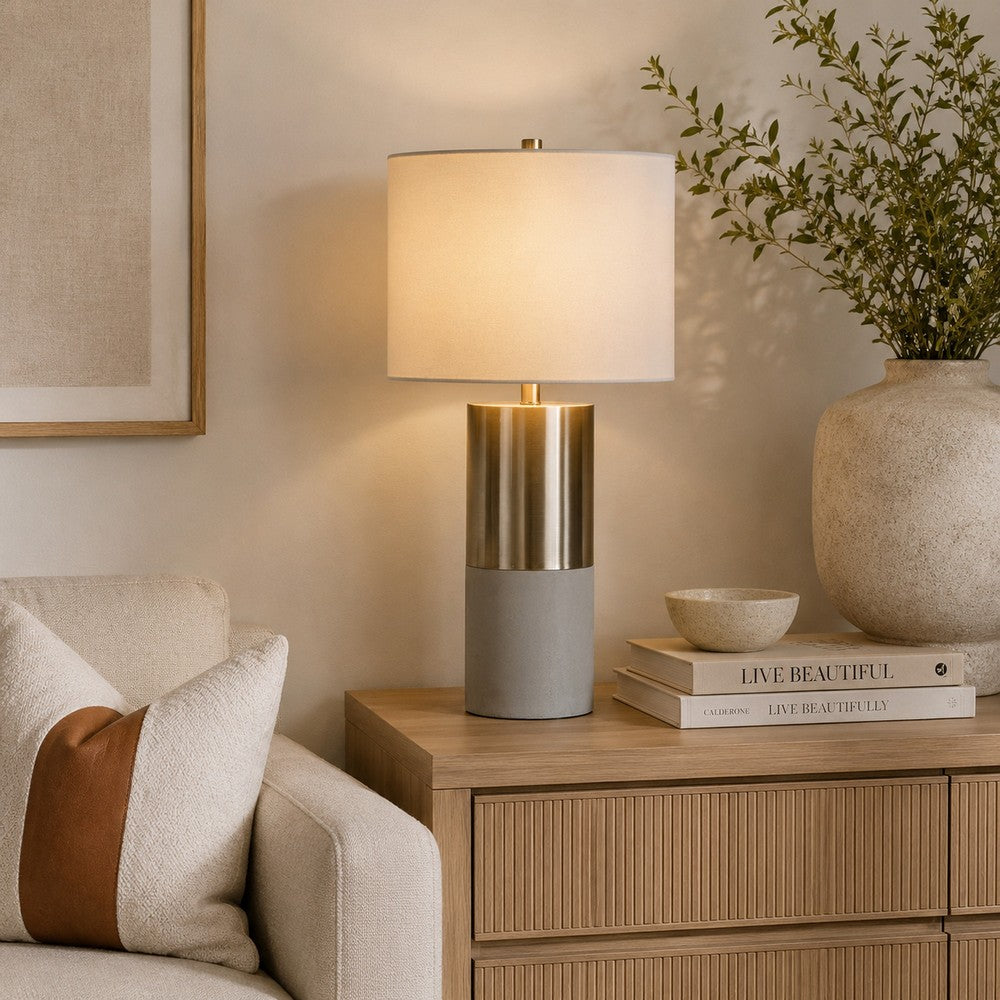 Benjara 29 Inch Table Lamp, Set of 2, Metal, Concrete, Gray And Chrome Finish