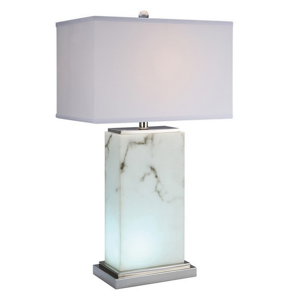 Benjara 29 Inch Table Lamp, White Marble Stand, Rectangular Shade, Metal Base