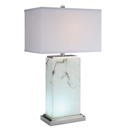 Benjara 29 Inch Table Lamp, White Marble Stand, Rectangular Shade, Metal Base