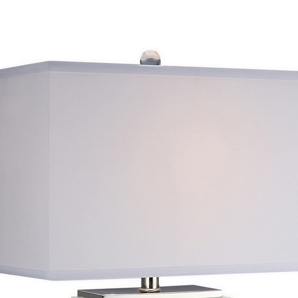 Benjara 29 Inch Table Lamp, White Marble Stand, Rectangular Shade, Metal Base