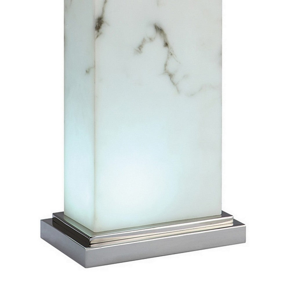 Benjara 29 Inch Table Lamp, White Marble Stand, Rectangular Shade, Metal Base