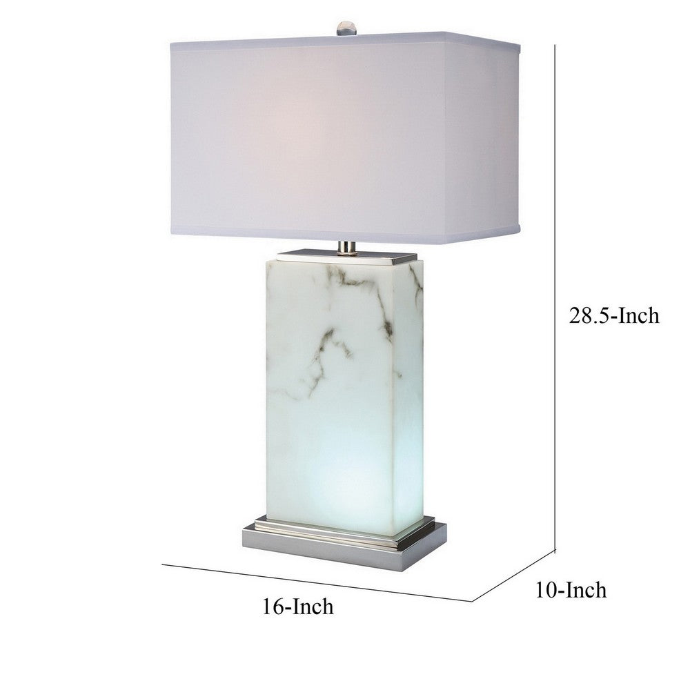 Benjara 29 Inch Table Lamp, White Marble Stand, Rectangular Shade, Metal Base