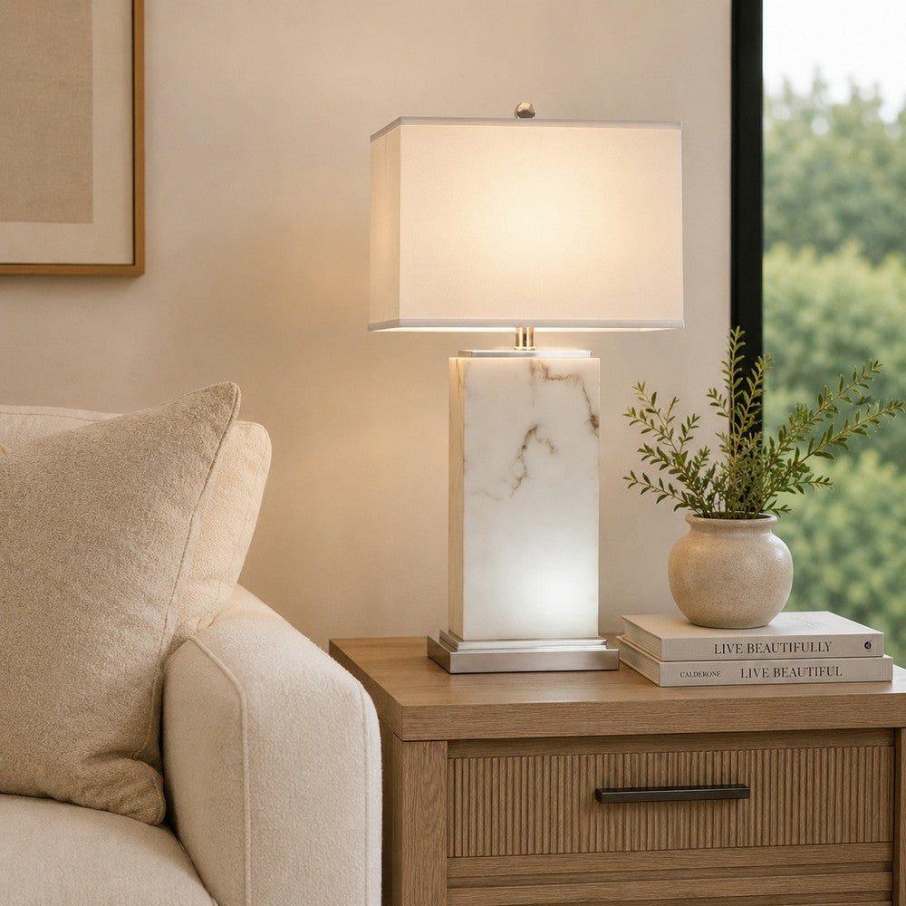 Benjara 29 Inch Table Lamp, White Marble Stand, Rectangular Shade, Metal Base