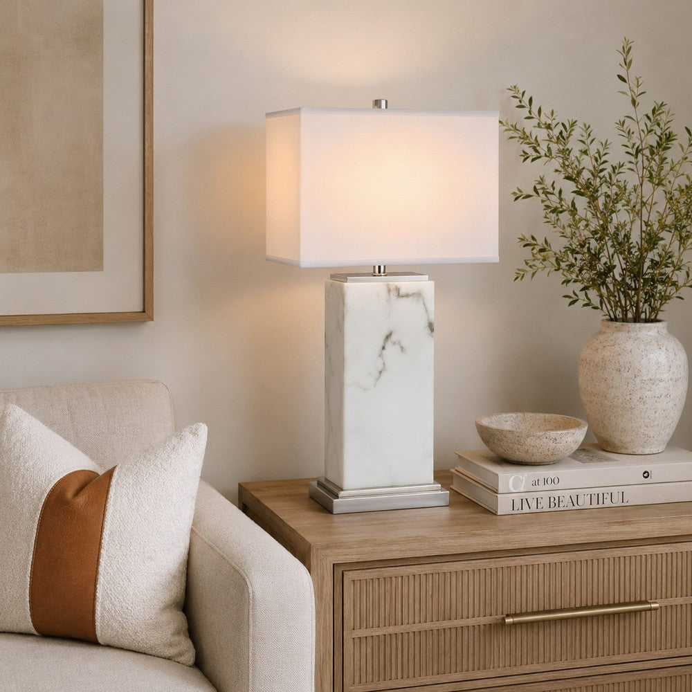 Benjara 29 Inch Table Lamp, White Marble Stand, Rectangular Shade, Metal Base