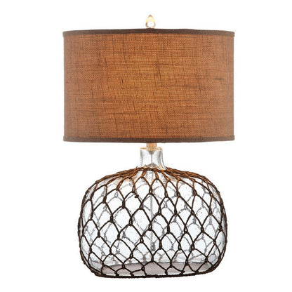 Benjara 24 Inch Table Lamp with Netted Twine Base, Set of 2, Glass, Brown And Clear