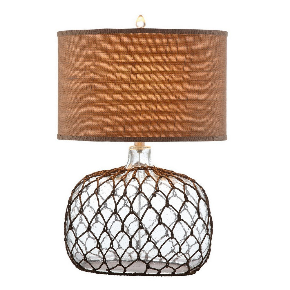 Benjara 24 Inch Table Lamp with Netted Twine Base, Set of 2, Glass, Brown And Clear