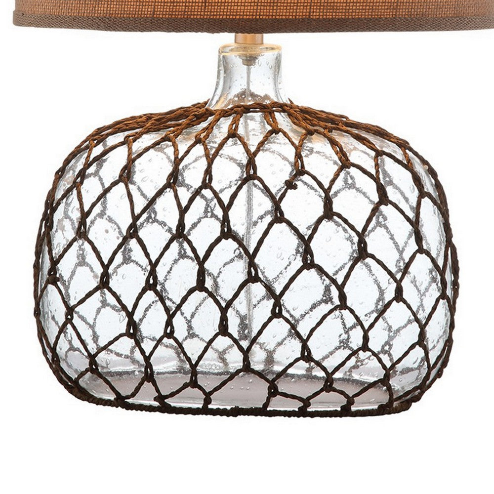 Benjara 24 Inch Table Lamp with Netted Twine Base, Set of 2, Glass, Brown And Clear