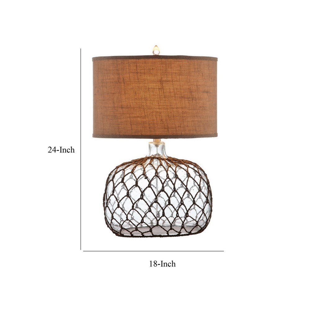 Benjara 24 Inch Table Lamp with Netted Twine Base, Set of 2, Glass, Brown And Clear