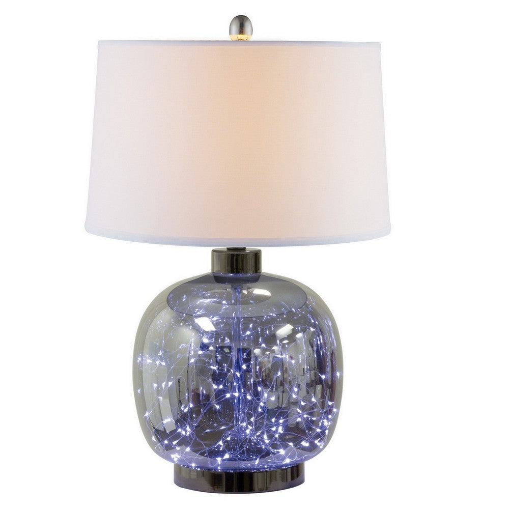 Benjara 26 Inch Table Lamp, LED Night Light Base, Empire Shade, Silver Gray