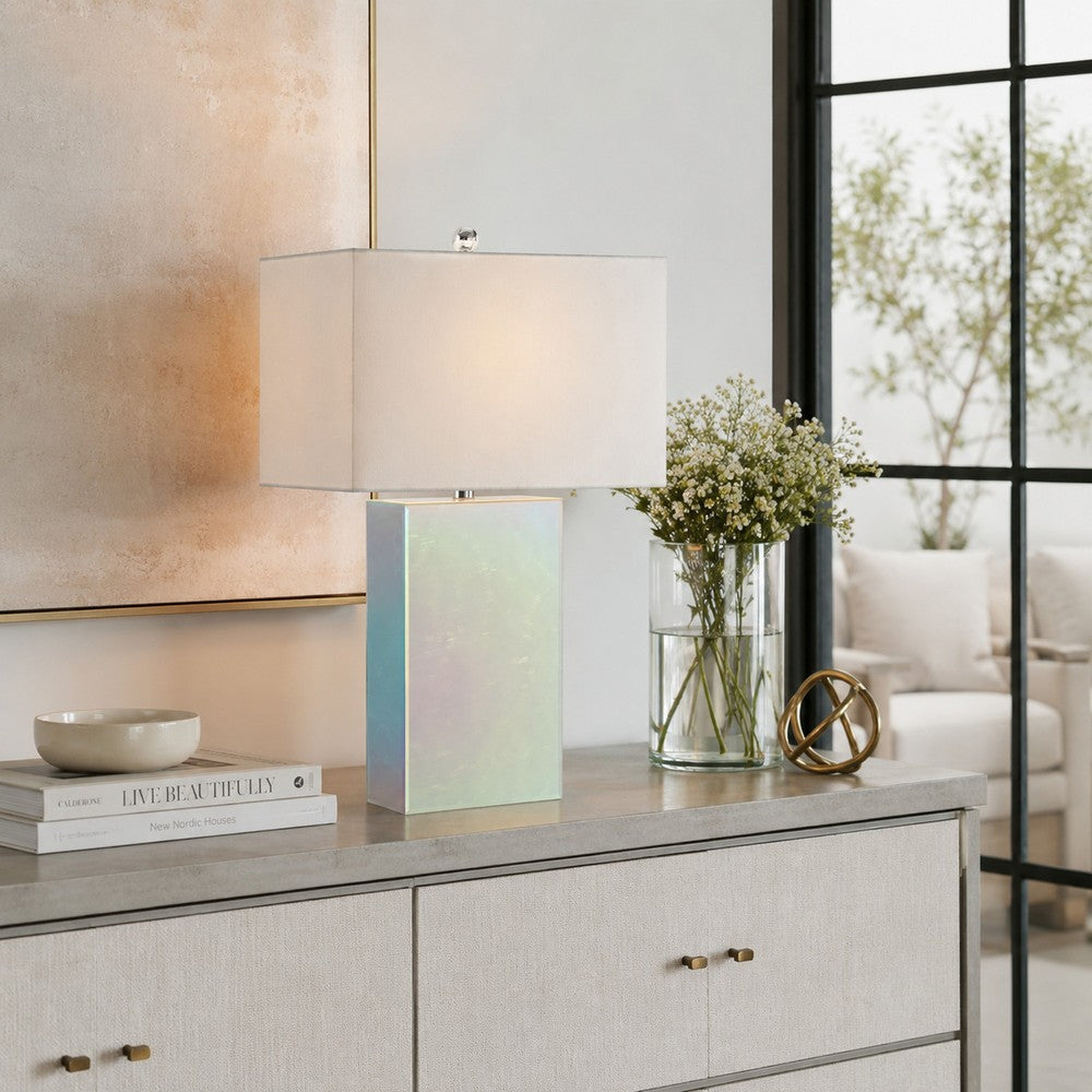 Benjara 26 Inch Table Lamp, Rectangular Stand, Set of 2, Glass, Multitone White